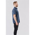 A side view of a men's short-sleeve button-up shirt in navy, featuring a casual fit and a logo.