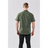 A short-sleeved, dark green button-up shirt with a subtle pattern, featuring a branded logo on the back.