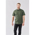 A green short-sleeved button-up shirt on a male model, featuring a subtle texture and a branded logo.