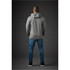 A grey men's hoodie with a hood, displayed from the back, paired with blue jeans, and featuring a logo.