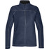 A navy polar fleece jacket with a zip closure, featuring side pockets and contrast stitching, plus a logo.