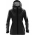 A women's hooded rain jacket in black with zippered pockets and a logo.