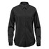 A black women's long sleeve button-up shirt features a collar and a chest pocket. It has a logo on the label.