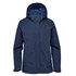 A navy blue women's jacket featuring a hood and an inner lining, with a logo on the exterior.