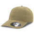 A khaki baseball cap with a curved brim and a circular branding label on the front.