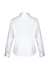 A white long sleeve shirt with a collar and buttoned cuffs, featuring a back view and a logo.