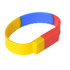 A colourful wristband flash drive in yellow, blue, and red, featuring a rectangular connector and a logo.