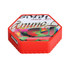 A hexagon-shaped flash drive in bright red, featuring a decorative design on the top and a USB port on the side.