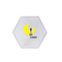 A hexagon-shaped flash drive in a clear design with a logo.