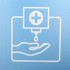 A graphic of a hand under a dispenser, with a droplet falling from a medical cross symbol. Predominantly blue background.