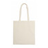 A plain beige calico bag with long handles, featuring a simple design. It includes a logo on one side.