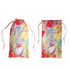 A drawstring pouch featuring a vibrant floral design, ideal for holding sunglasses, with a logo on the front.