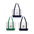 A small canvas tote bag in white with green and navy blue accents, featuring various logos.