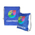 Two blue polyester drawstring bags with a logo prominently displayed on each.
