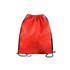 A red polyester drawstring bag with black cords and a simple design, featuring a logo.