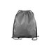 A grey polyester drawstring bag with black drawcords, featuring a simple design and a logo.