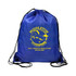 A blue polyester drawstring bag with a logo, featuring yellow text and a graphic of a horse.