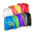 A collection of drawstring bags in various colours including white, yellow, red, green, purple, and black, featuring a logo.