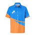 A short-sleeved button-up shirt in blue and orange with a logo on the front. Made from 100% cotton.