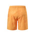 Men's orange polyester spandex swim shorts with a leaf pattern and a back pocket, featuring a logo.
