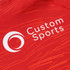 A red polyester spandex hoodie featuring sublimated patterns and a logo on the front.
