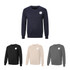 A collection of unisex 100% cotton round collar sweaters in navy, black, beige, and grey. Each has a logo.