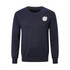 A navy unisex 100% cotton round collar sweater with a small logo. Long sleeves and ribbed cuffs.