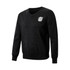 A black unisex 100% cotton V-neck sweater with long sleeves and a small logo on the chest.