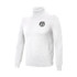 A white unisex 100% cotton turtleneck sweater with a round logo on the front.