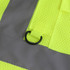 A close-up of a high-visibility vest in bright yellow, featuring reflective tape and a functional pocket.