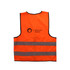 An orange unisex hi-vis vest with horizontal reflective tape and a logo on the back.