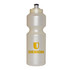 A drink bottle in translucent white with a screw top and a logo printed in yellow.