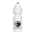 A drink bottle in white featuring a screw top and a logo in black.
