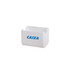 A white travel adapter with a logo, features multiple plug types for global compatibility.