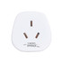 A white universal travel adapter featuring three prongs and a brand logo at the bottom.