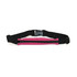 A pink running belt with a black adjustable strap and a zippered compartment. Features a logo.