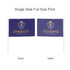 A rectangular cheering flag in purple with a logo, mounted on a white stick, showing both front and back sides.