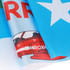 A vibrant blue rectangular cheering flag with red elements, featuring a graphic of a red vehicle and a star.