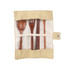 A set of four wooden utensils including a spoon, fork, and chopsticks in a beige roll-up case.