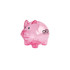 A pink, transparent piggy bank with a smiling face and a logo on its side.