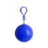 A blue ball with a clip attachment, designed to contain a rain poncho. It features a smooth, shiny surface.
