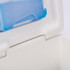 A white cooler box with a blue ice brick inside, featuring a logo on the lid.