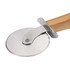 A pizza cutter wheel with a polished stainless steel blade and a hand-carved wooden handle.