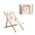 A beach chair with a beech frame and a light fabric seat, featuring a logo on the backrest.