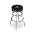 A black barstool with a chrome base and a logo on the seat. Ideal for home or living spaces.