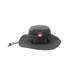 A grey outdoor brim hat featuring a logo and an adjustable strap for secure fit.