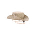 A beige outdoor brim hat featuring a wide brim and an adjustable chin strap, with a logo displayed on the side.