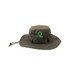 An olive green outdoor brim hat with a logo, featuring a wide brim and adjustable chin strap.