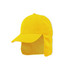 A bright yellow cap with a neck flap and a logo, designed for sun protection and outdoor activities.