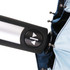 A folding ten-panel umbrella with a silver handle and a blue canopy, featuring a push-button mechanism.